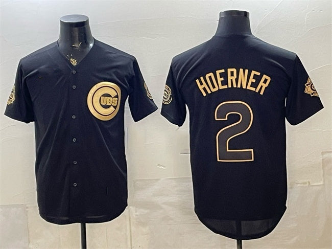 Chicago Cubs #2 Nico Hoerner Black Gold CLOTHIN 150th Anniversary Patch Stitched Jersey