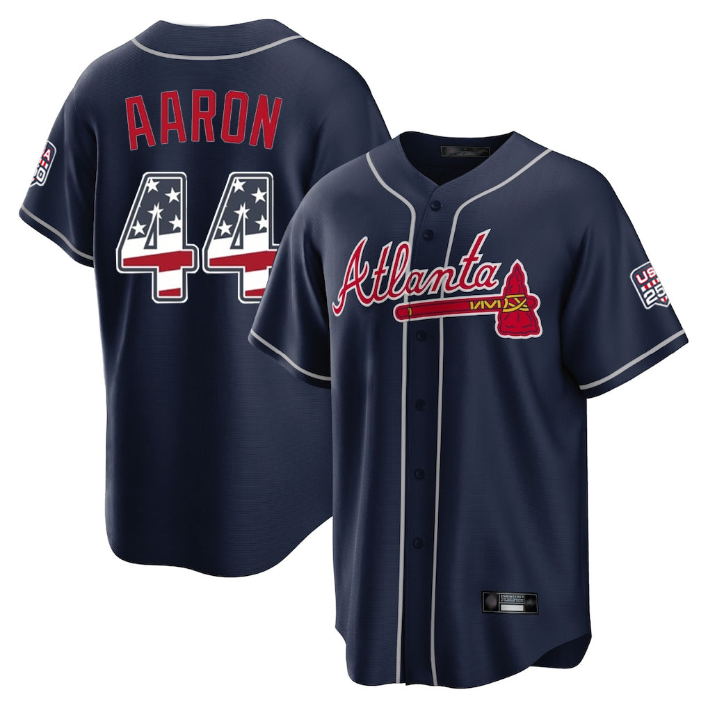 Atlanta Braves #44 Hank Aaron Player Navy CLOTHIN USA 250 Fourth Of July Limited Home Game Stitched Jerseys