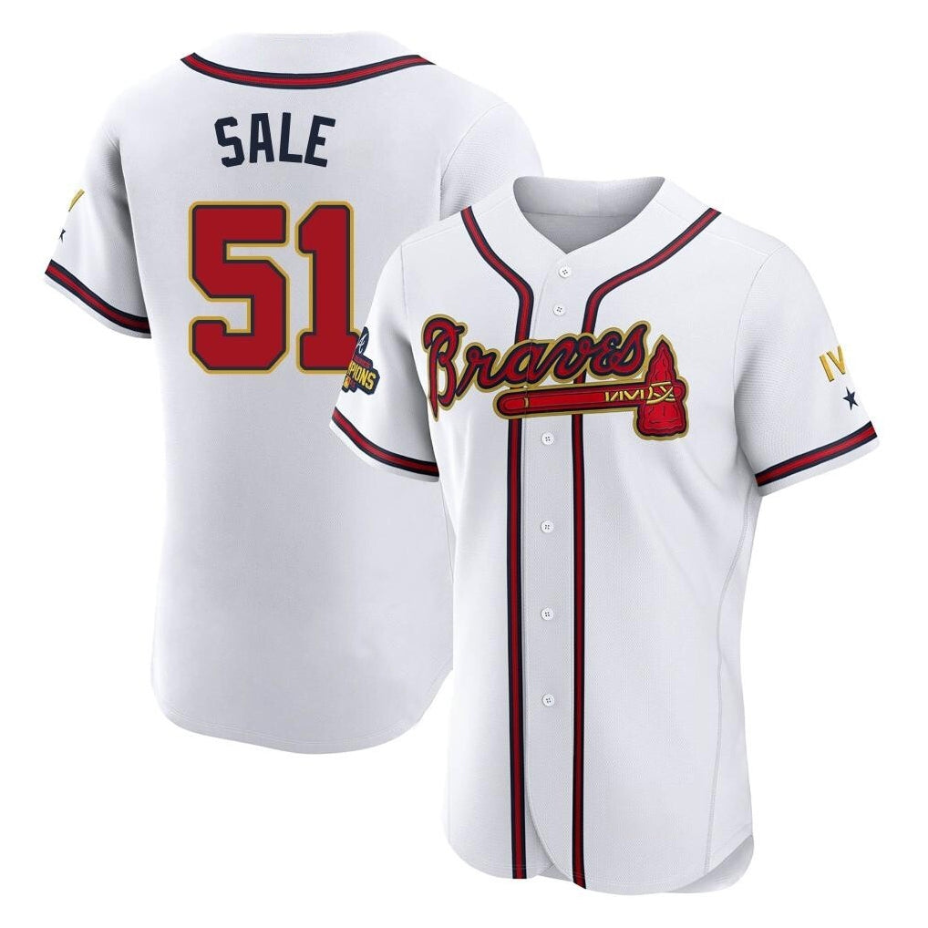 Atlanta Braves #51 Chris Sale Player White Gold CLOTHIN Limited Elite Home Game Stitched Jerseys