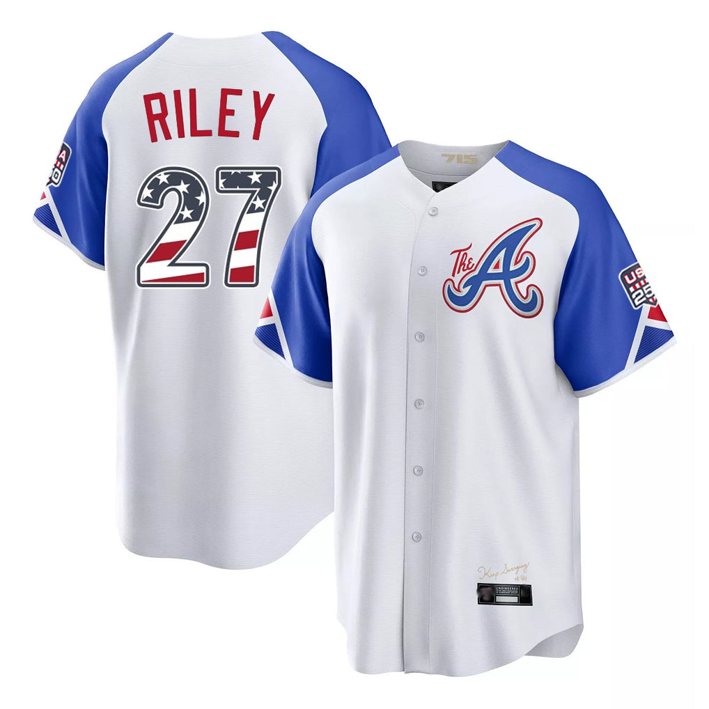 Atlanta Braves #27 Austin Riley Player White CLOTHIN USA 250 Fourth Of July City Connect Home Game Stitched Jerseys