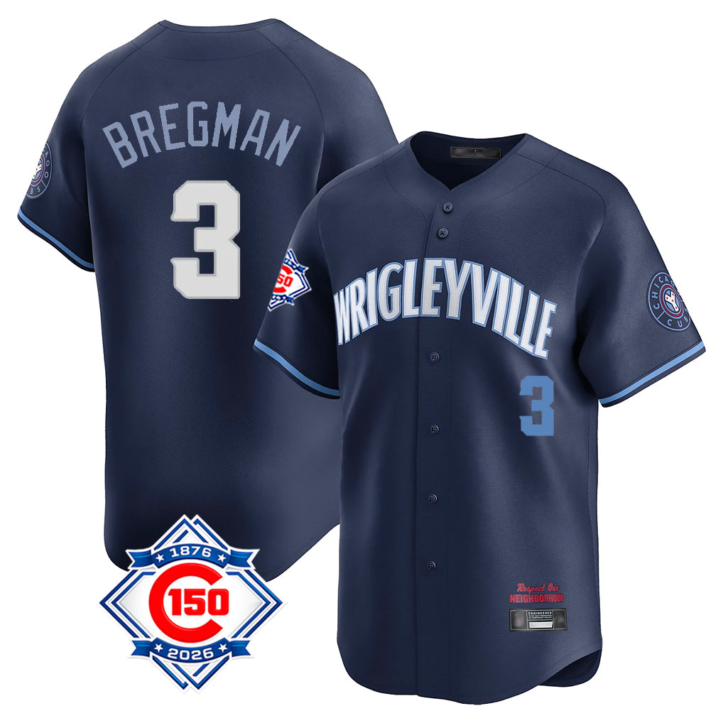 Chicago Cubs #3 Alex Bregman Player Navy CLOTHIN City Connect 150th Anniversary Limited Home Stitched Jerseys