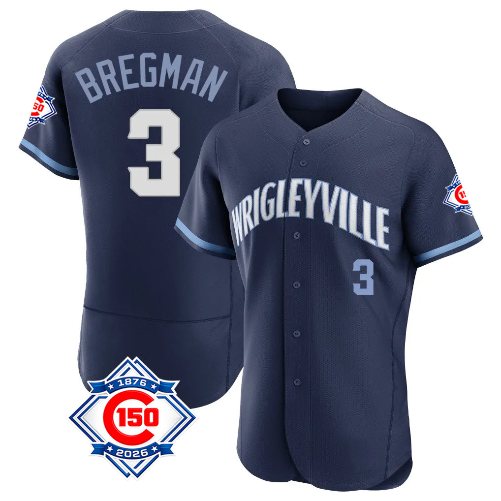 Chicago Cubs #3 Alex Bregman Player Navy CLOTHIN City Connect 150th Anniversary Limited Elite Home Stitched Jerseys