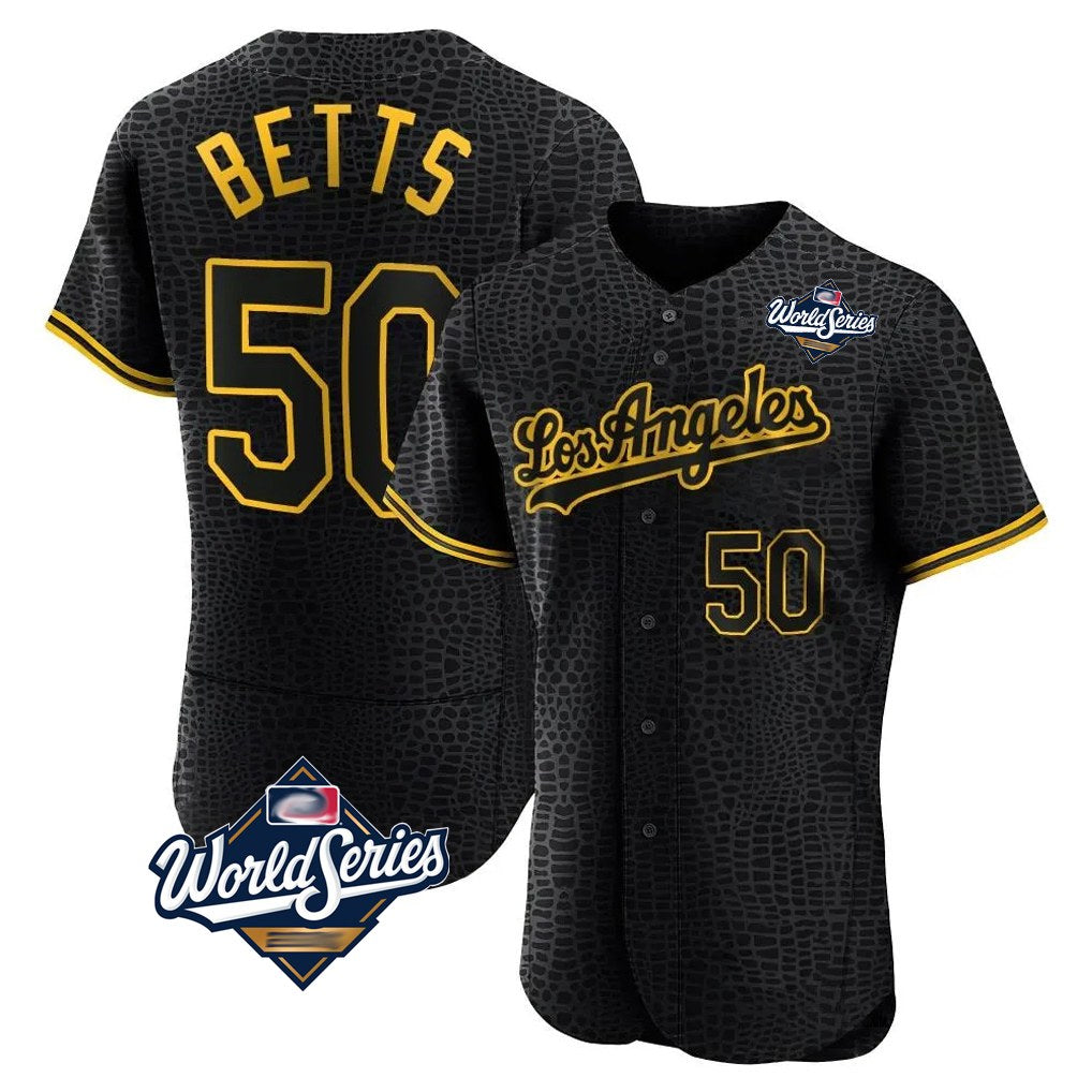 Los Angeles Dodgers #50 Mookie Betts Player Black CLOTHIN World Series Snake Skin City Limited Elite Home Stitched Jerseys