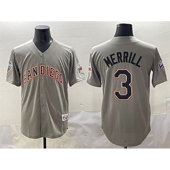 San Diego Padres #3 Jackson Merrill Gray CLOTHIN Fashion Throwback With Patch Cool Base Stitched Jersey