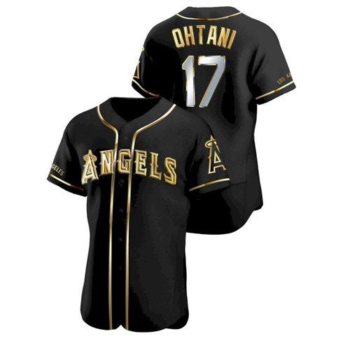 Los Angeles Angels #17 Shohei Ohtani Black Gold CLOTHIN Stitched Flex Base Jersey