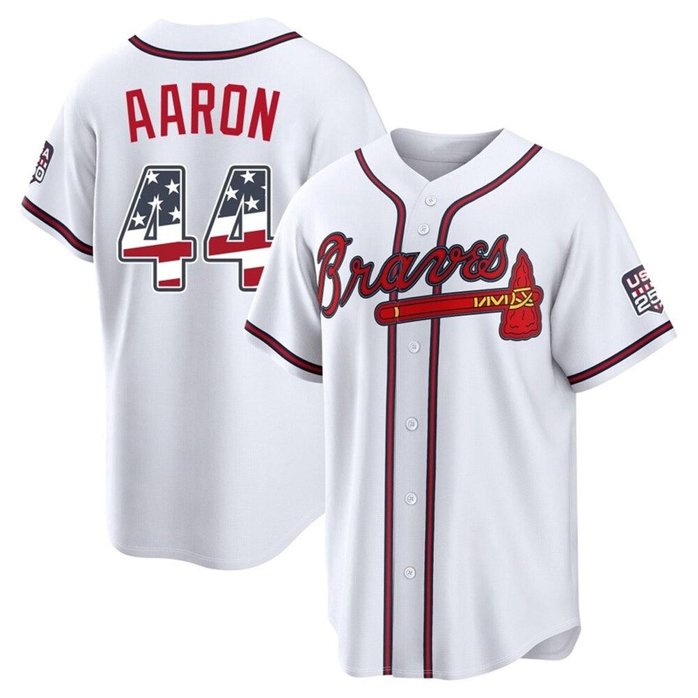 Atlanta Braves #44 Hank Aaron Player White CLOTHIN USA 250 Fourth Of July Limited Home Game Stitched Jerseys