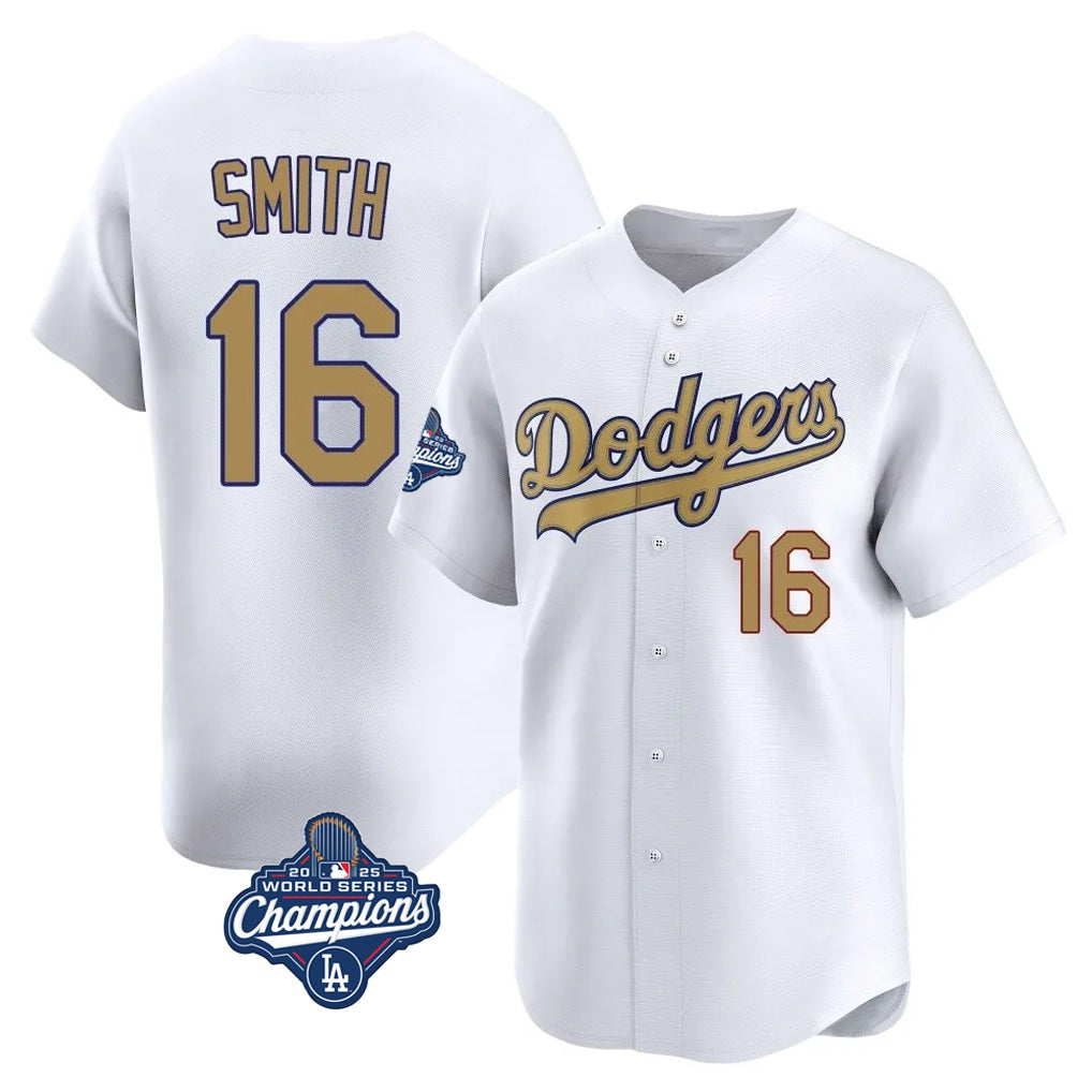 Los Angeles Dodgers #16 Will Smith Player White Gold CLOTHIN World Series Meet Collection Limited Home Stitched Jerseys