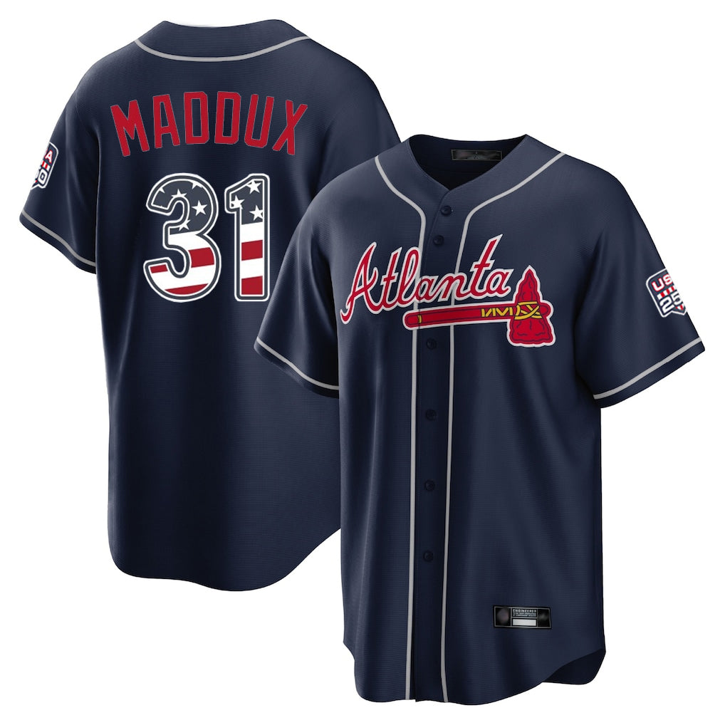 Atlanta Braves #31 Greg Maddux Player Navy CLOTHIN USA 250 Fourth Of July Limited Home Game Stitched Jerseys