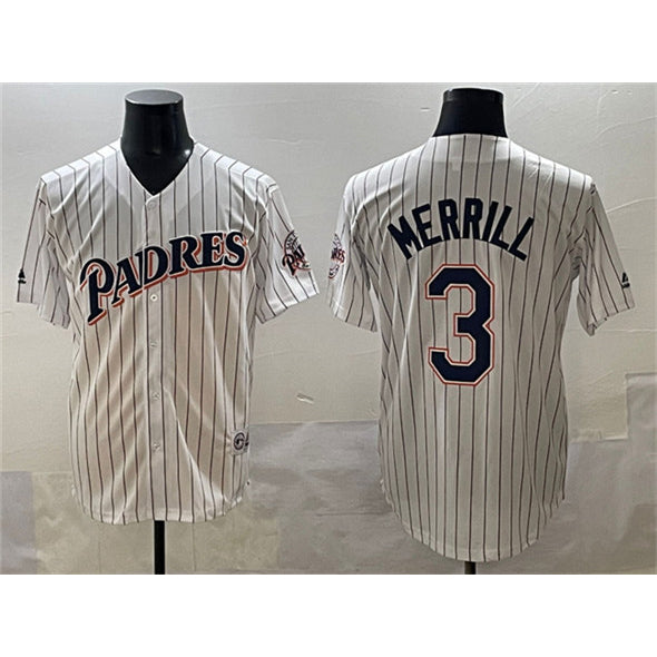 San Diego Padres #3 Jackson Merrill White CLOTHIN Throwback With Patch Cool Base Stitched Jersey