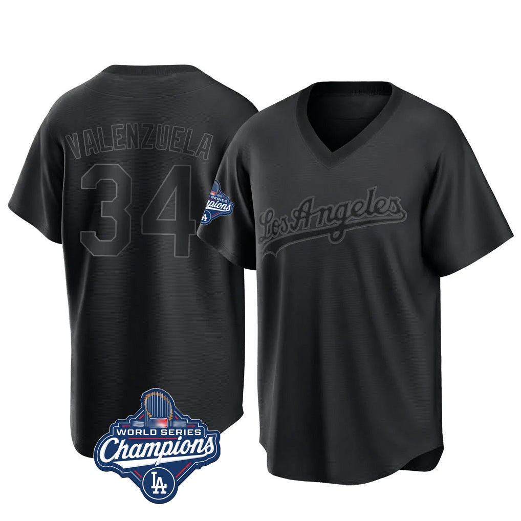 Los Angeles Dodgers #34 Fernando Valenzuela Player Black CLOTHIN World Series Meet Pitch Fashion T-shirt Stitched Jerseys