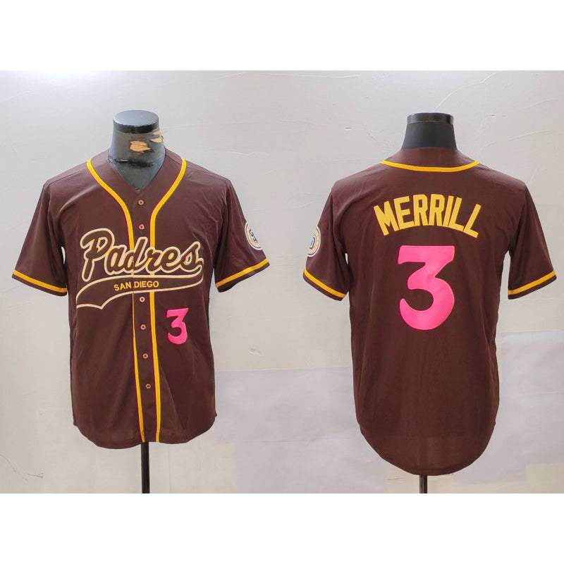 San Diego Padres #3 Jackson Merrill Brown CLOTHIN Cool Base Stitched Jersey 2