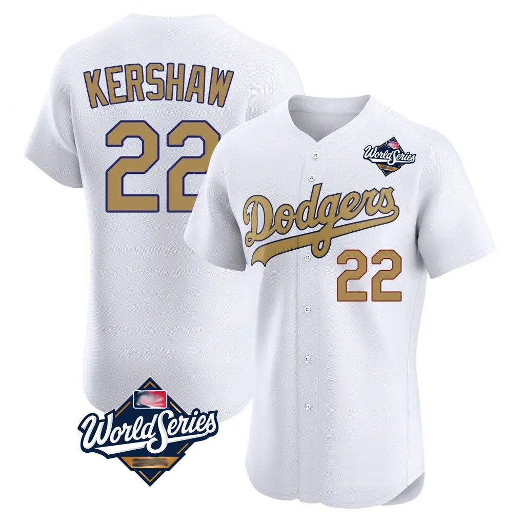 Los Angeles Dodgers #22 Clayton Kershaw Player White Gold CLOTHIN World Series Limited Elite Home Stitched Jerseys