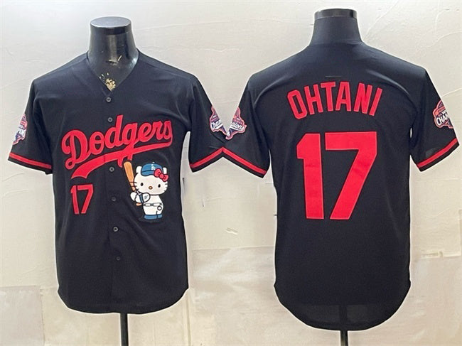 Los Angeles Dodgers #17 Shohei Ohtani Black CLOTHIN Hello Kitty Night 2025 World Series Champions Patch Stitched Jersey