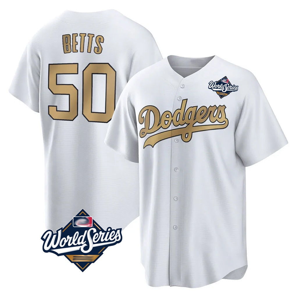 Los Angeles Dodgers #50 Mookie Betts Player White Gold CLOTHIN World Series Collection Limited Home Stitched Jerseys