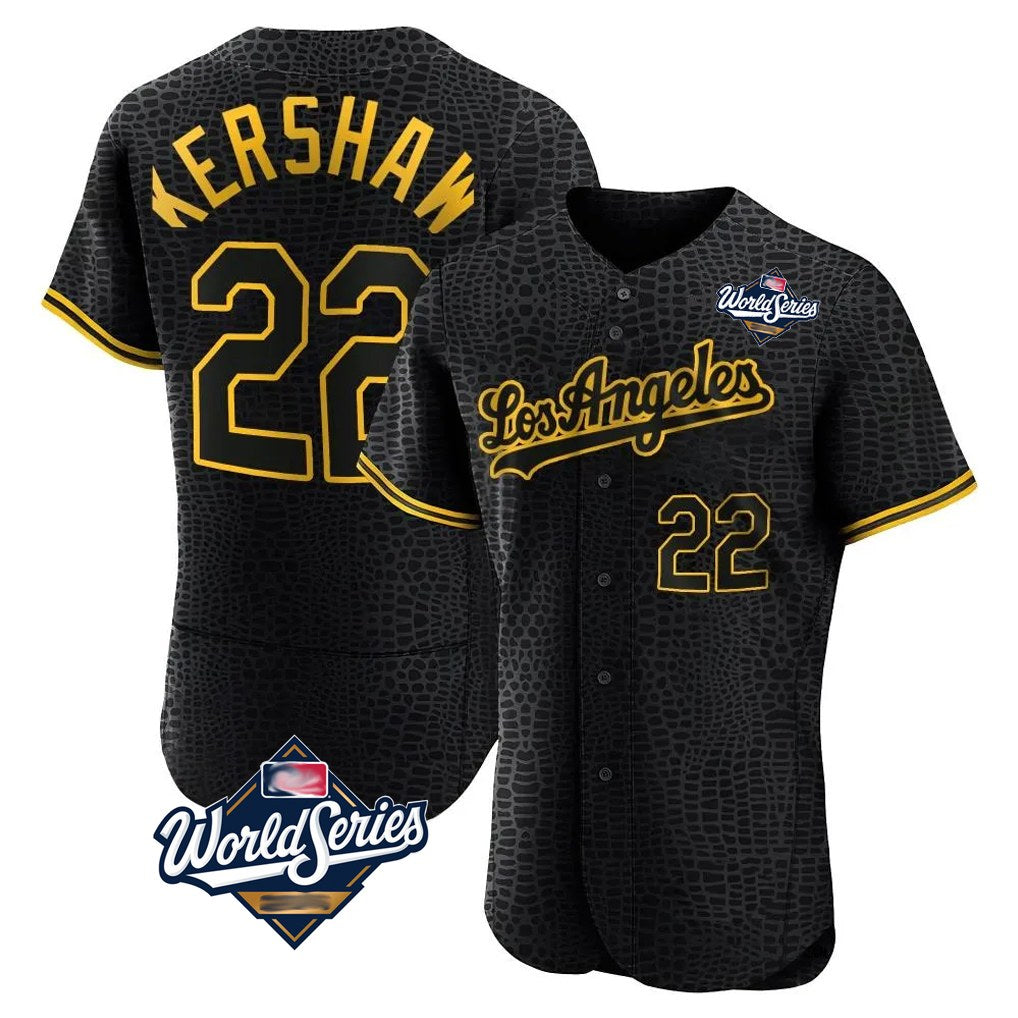 Los Angeles Dodgers #22 Clayton Kershaw Player Black CLOTHIN World Series Snake Skin City Limited Elite Home Stitched Jerseys