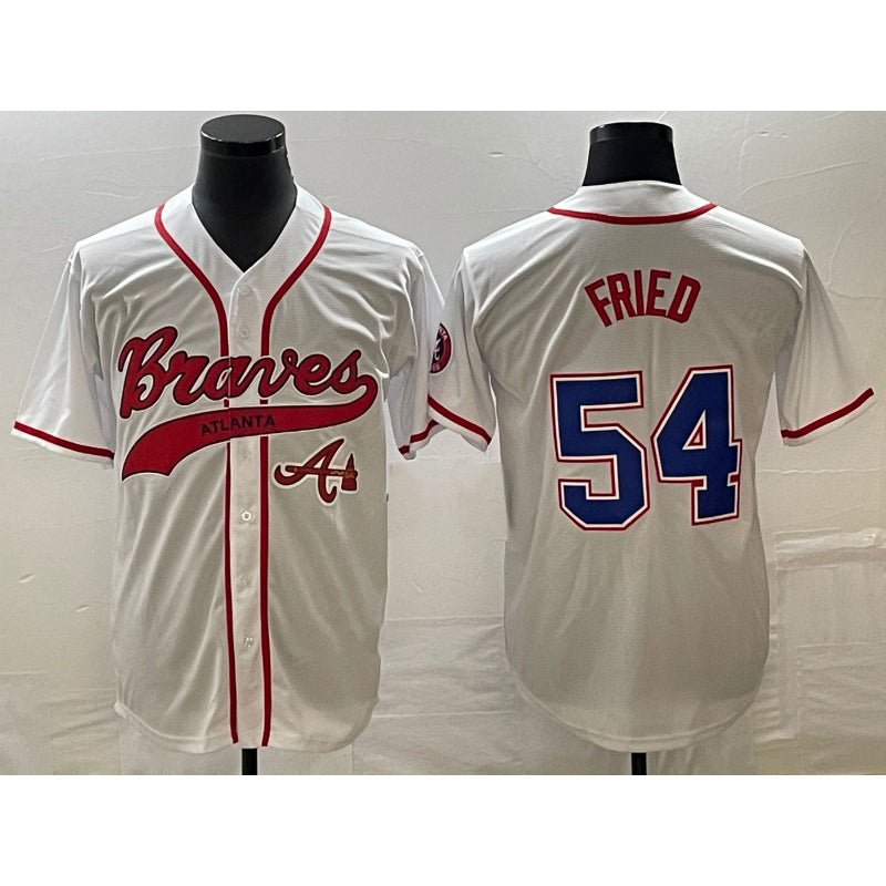 Atlanta Braves #54 Max Fried White CLOTHIN Cool Base With Patch Stitched Jersey 2