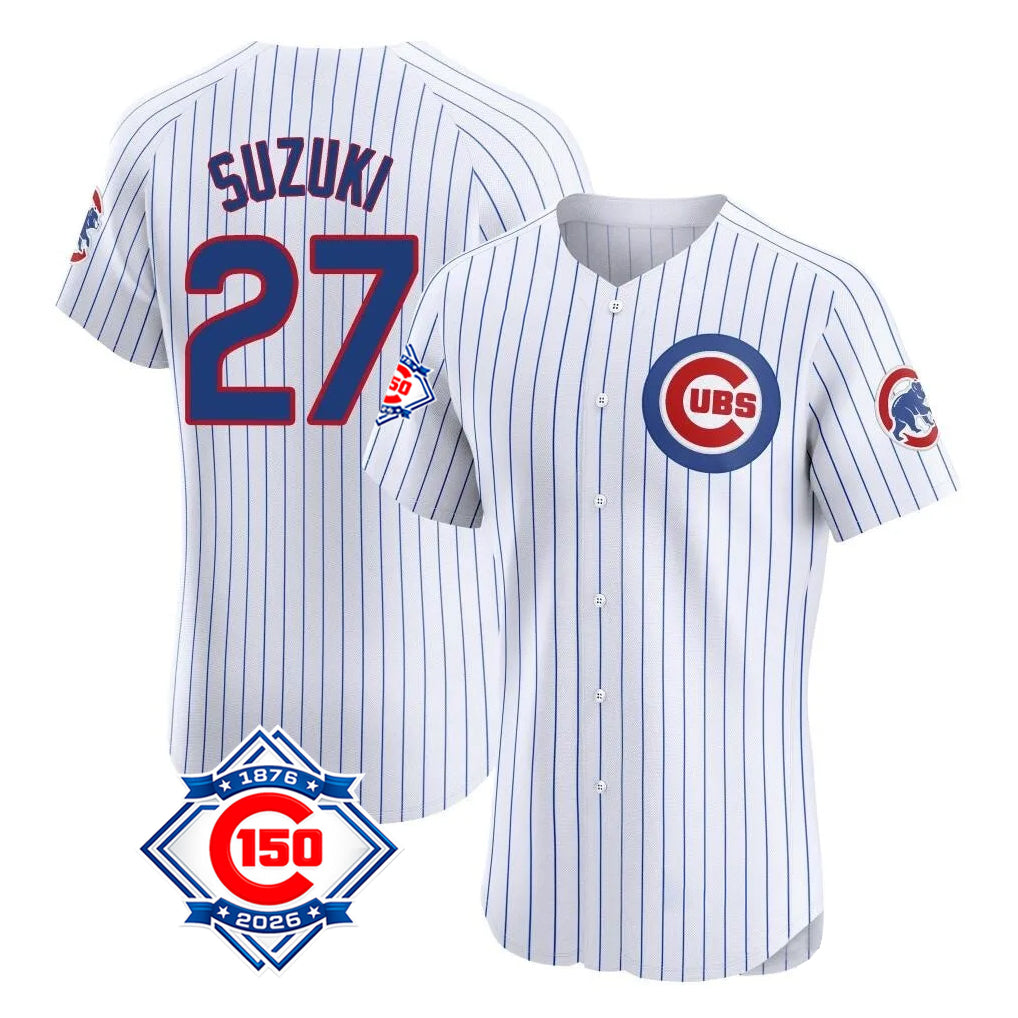 Chicago Cubs #27 Seiya Suzuki Player White CLOTHIN 150th Anniversary Limited Elite Home Game Stitched Jerseys