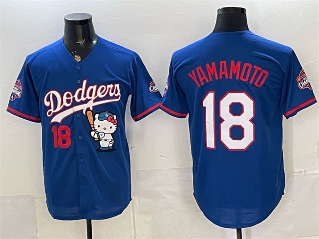 Los Angeles Dodgers #18 Yoshinobu Yamamoto Royal CLOTHIN Hello Kitty Night 2025 World Series Champions Patch Stitched Jersey