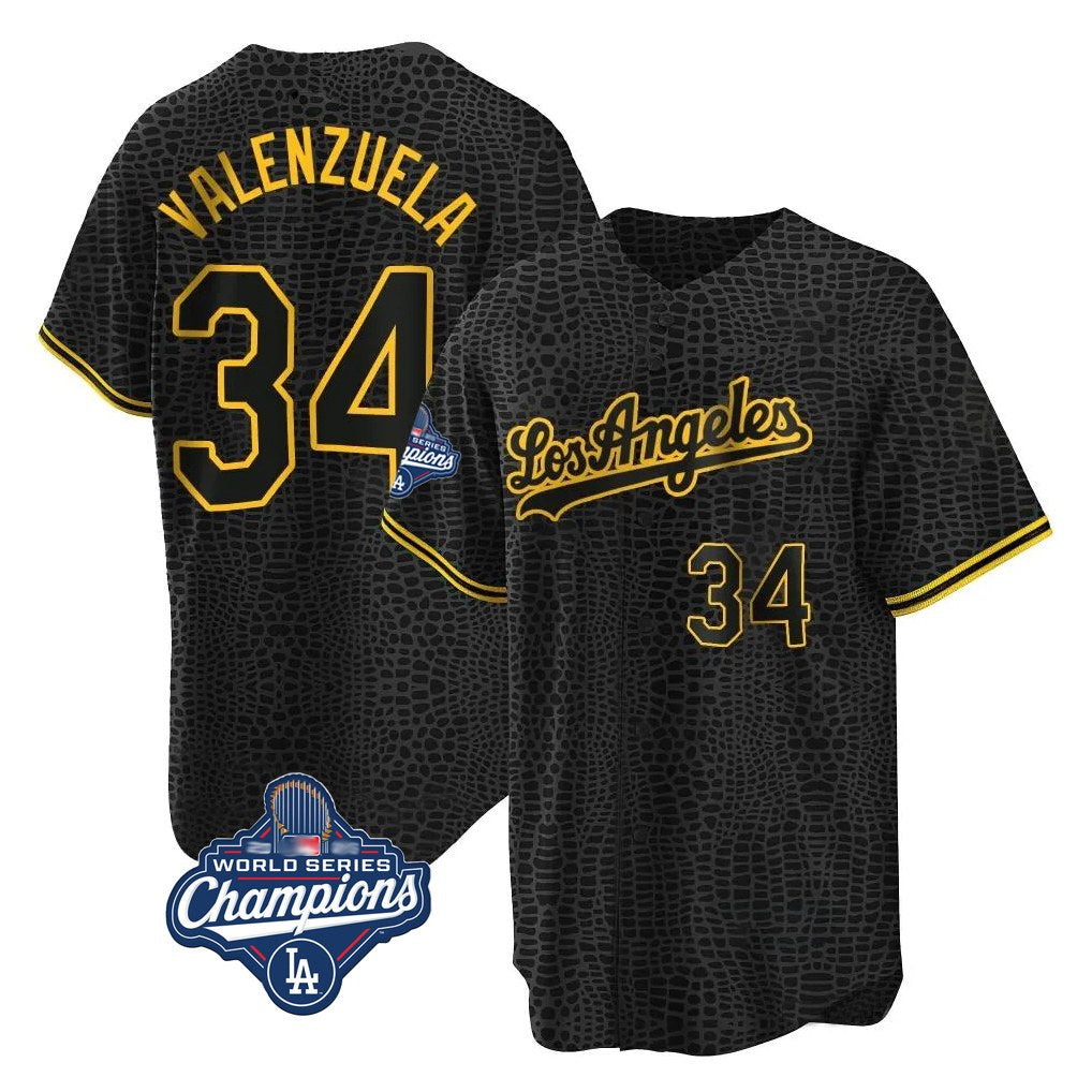 Los Angeles Dodgers #34 Fernando Valenzuela Player Black CLOTHIN World Series Meet Snake Skin City Game Home Stitched Jerseys