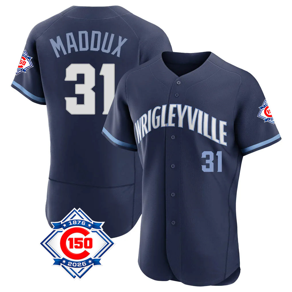 Chicago Cubs #31 Greg Maddux Player Navy CLOTHIN City Connect 150th Anniversary Limited Elite Home Stitched Jerseys