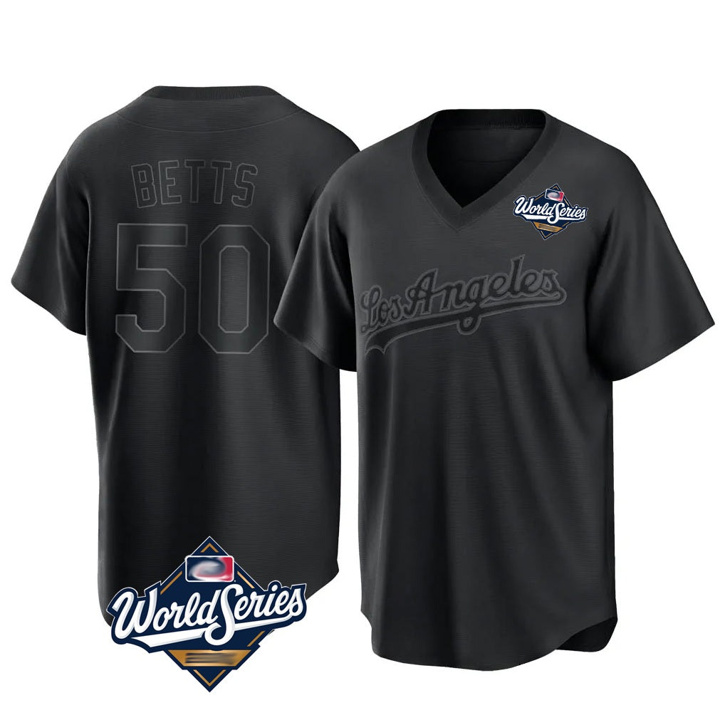 Los Angeles Dodgers #50 Mookie Betts Player Black CLOTHIN World Series Pitch Fashion T-shirt Stitched Jerseys