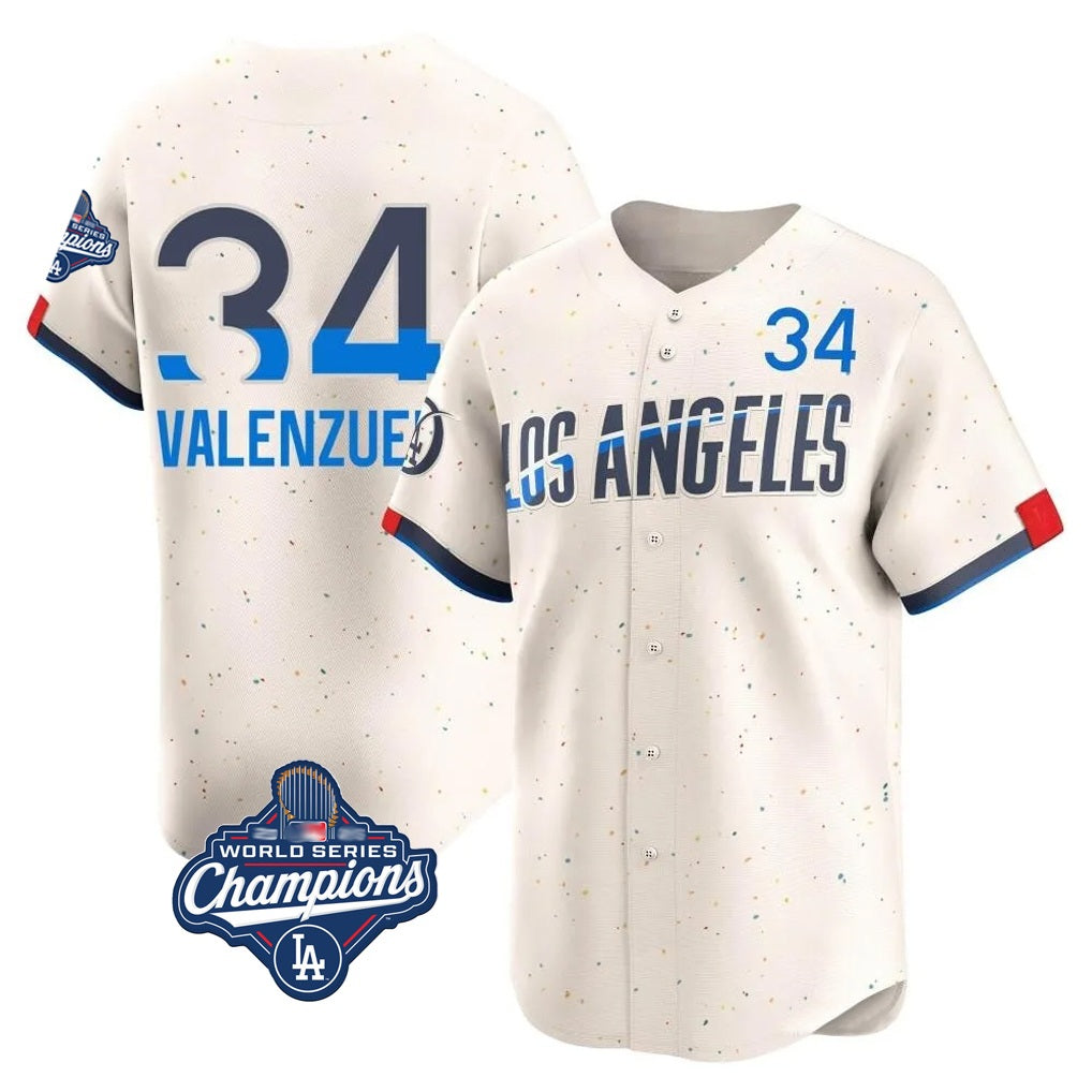 Los Angeles Dodgers #34 Fernando Valenzuela Player Cream CLOTHIN World Series Meet City Connect Limited Home Stitched Jerseys
