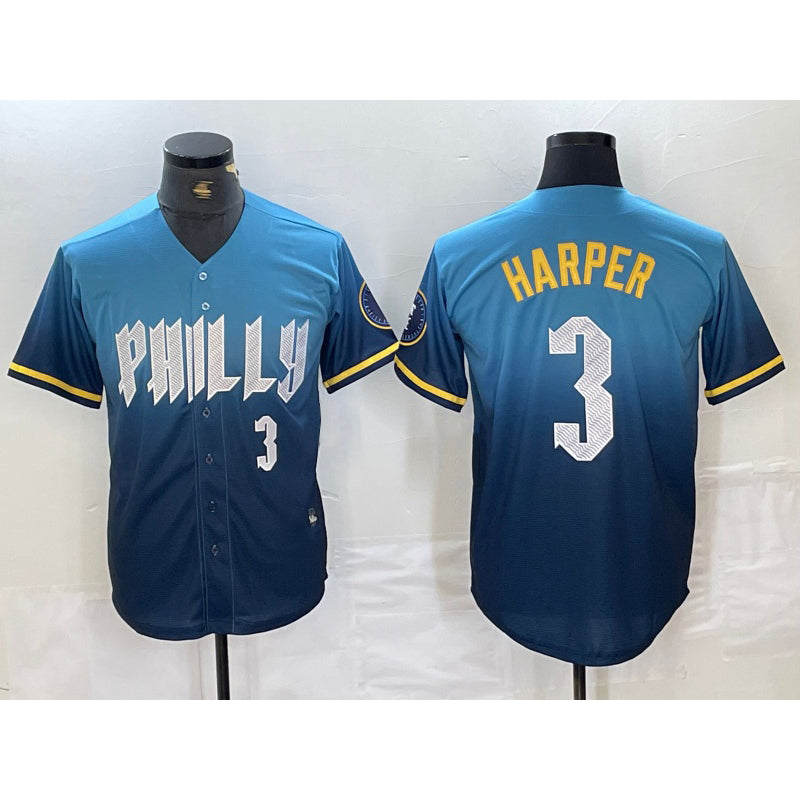 Philadelphia Phillies #3 Bryce Harper Number Blue CLOTHIN 2024 City Connect Limited Stitched Jersey