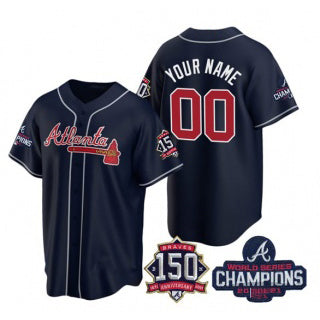 Custom Atlanta Braves Navy CLOTHIN Active Player 2021 World Series Chimpions With 150th Anniversary Cool Base Stitched Jersey