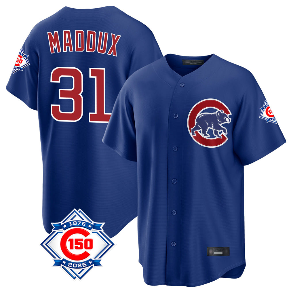 Chicago Cubs #31 Greg Maddux Player Royal CLOTHIN 150th Anniversary Home Game Stitched Jerseys