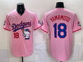 Los Angeles Dodgers #18 Yoshinobu Yamamoto Pink CLOTHIN Hello Kitty Night 2025 World Series Champions Patch Stitched Jersey