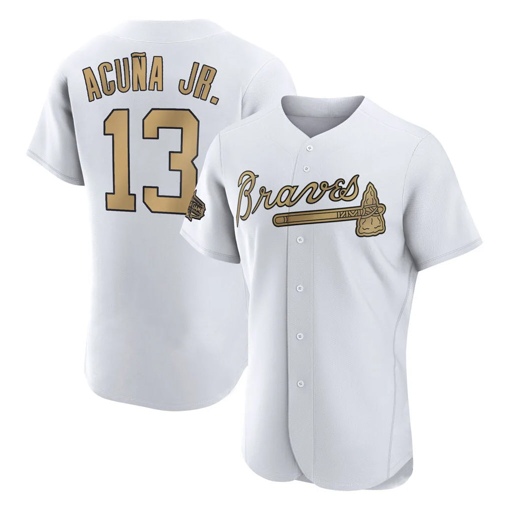 Atlanta Braves #13 Ronald Acuna Jr Player White-Gold CLOTHIN All-Star Limtied Elite Home Game Stitched Jerseys