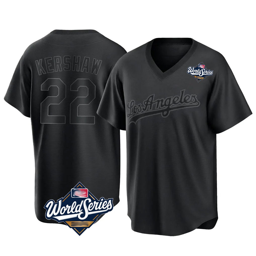 Los Angeles Dodgers #22 Clayton Kershaw Player Black CLOTHIN World Series Pitch Fashion T-shirt Stitched Jerseys