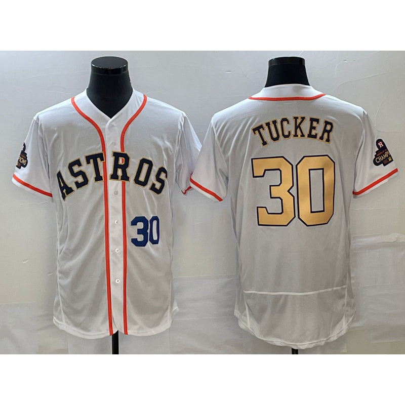 Houston Astros #30 Kyle Tucker Number 2023 White Gold CLOTHIN World Serise Champions Patch Flex Base Stitched Jersey 3