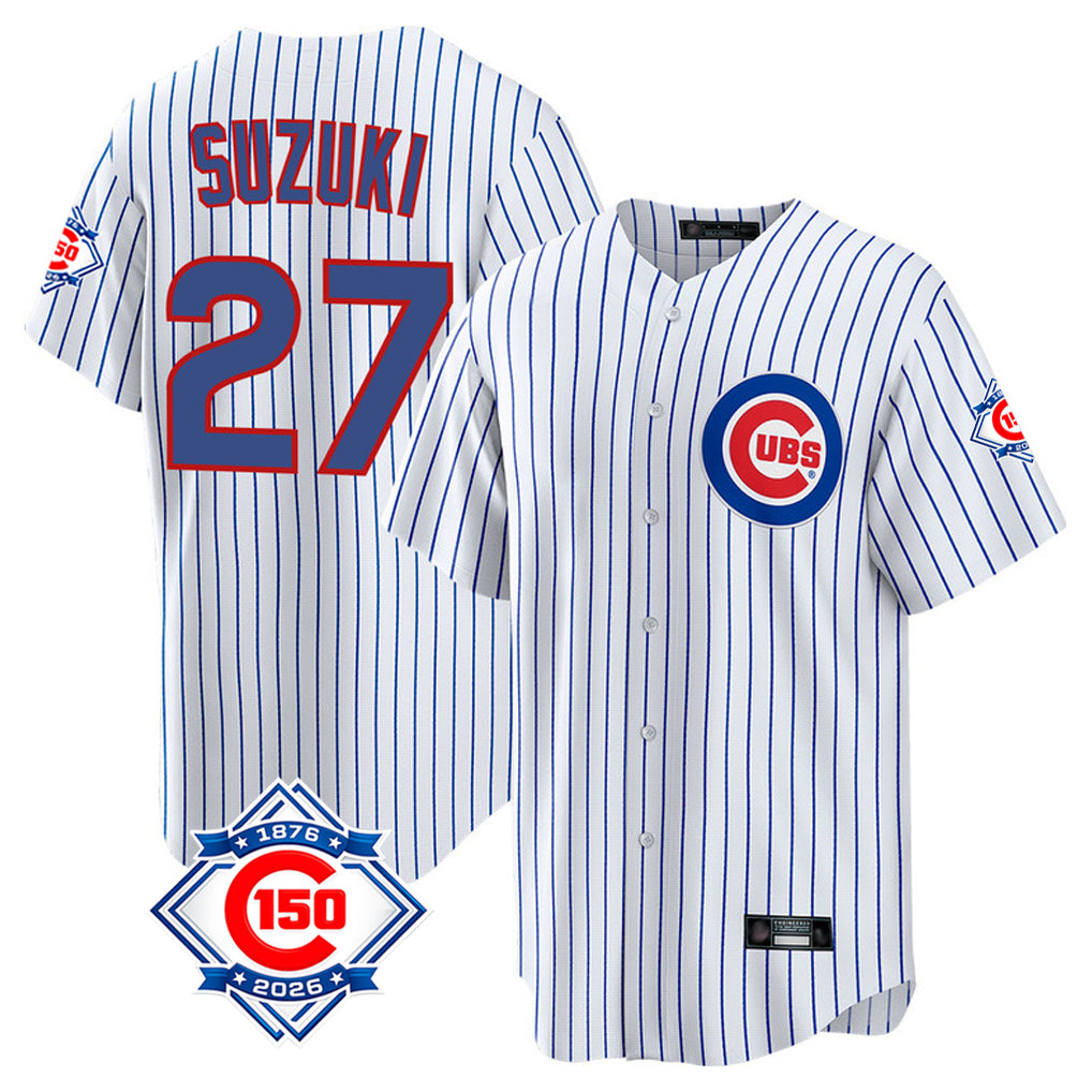 Chicago Cubs #27 Seiya Suzuki Player White CLOTHIN 150th Anniversary Home Game Stitched Jerseys