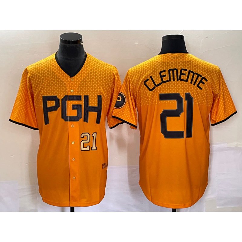 Pittsburgh Pirates #21 Roberto Clemente Number Gold CLOTHIN 2023 City Connect Stitched Jersey