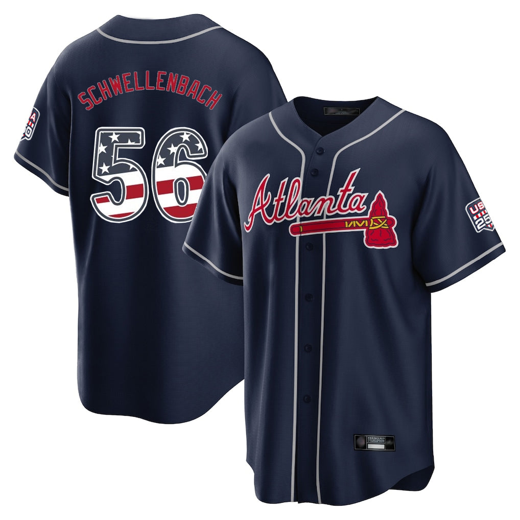 Atlanta Braves #56 Spencer Schwellenbach Player Navy CLOTHIN USA 250 Fourth Of July Limited Home Game Stitched Jerseys