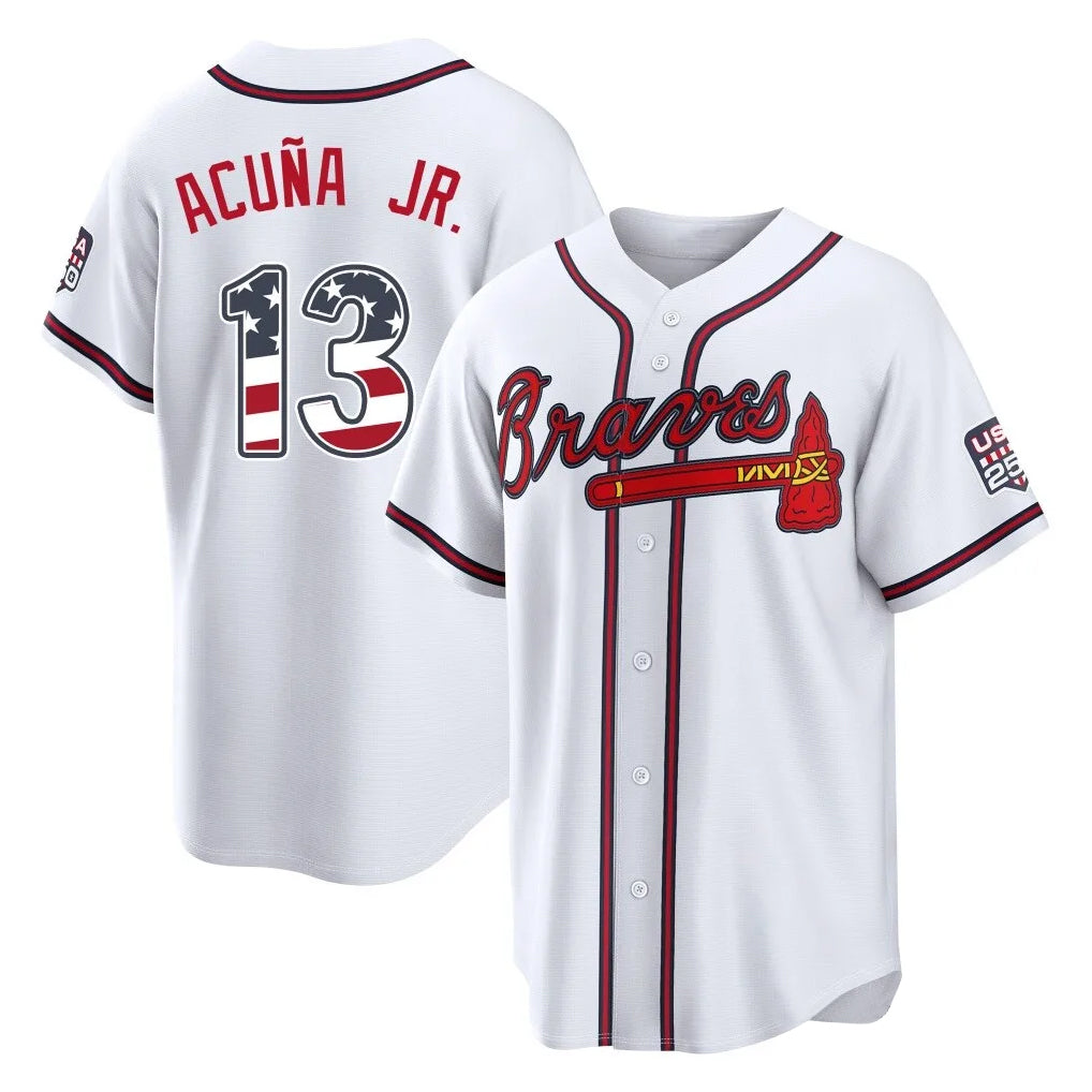 Atlanta Braves #13 Ronald Acuna Jr Player White CLOTHIN USA 250 Fourth Of July Limited Home Game Stitched Jerseys
